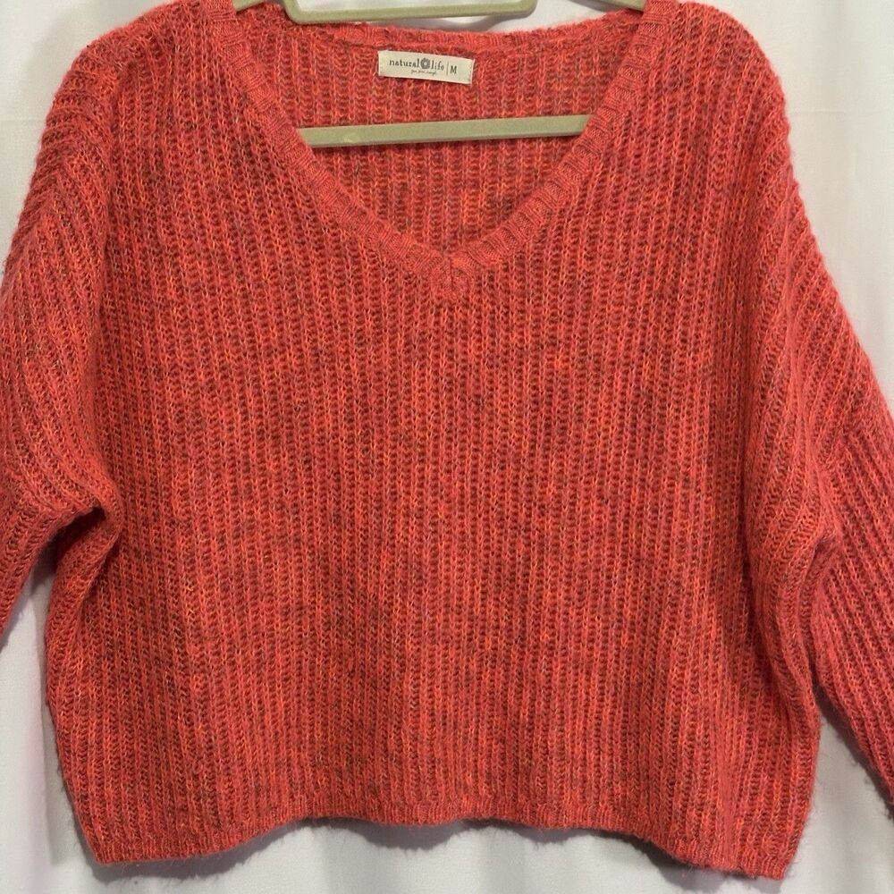 Natural Life Womens Orange Marled Ribbed V-Neck Knit Pullover Sweater Sz M Beach - Picture 2 of 6